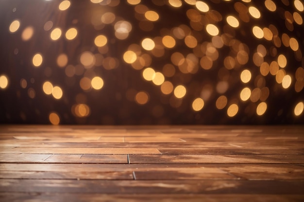 Brown old wooden floor on christmas bokeh backdrop