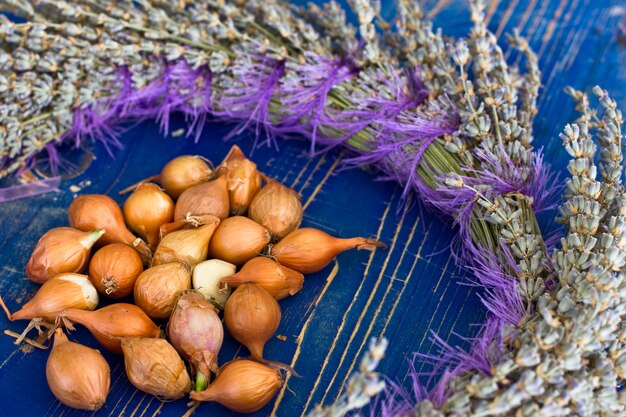 Brown onion in a peel on a blue wooden board with a lavender wreath