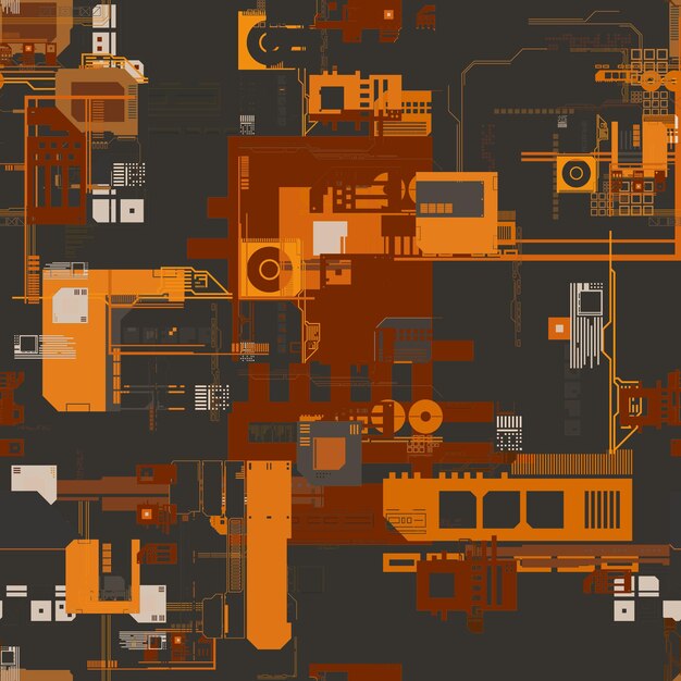 A brown and orange background with a circuit board and a circuit board.