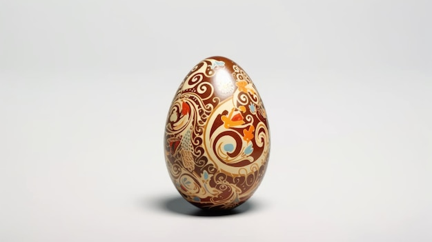 A brown and orange egg with a floral pattern on the front.