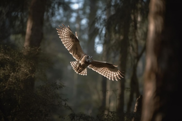 A brown owl flies through the forest with its wings spread wide open.