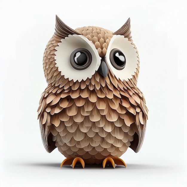 A brown owl with a black eye and a white background.