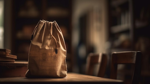 A brown paper bag on a table with a dark background