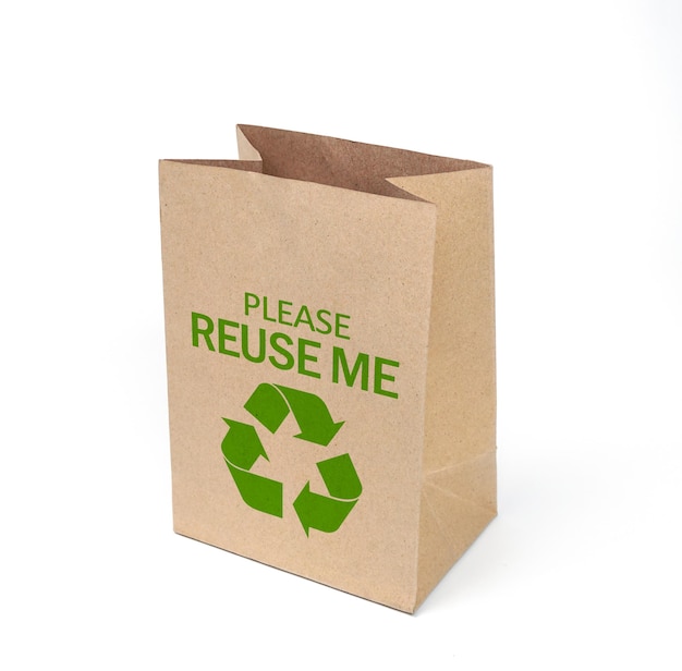 A brown paper bag that says please reuse me on it.