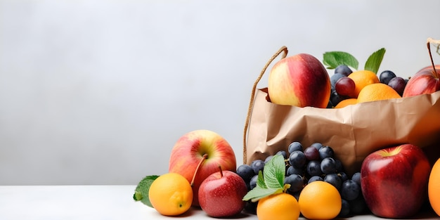 A brown paper bag with apples and oranges on it