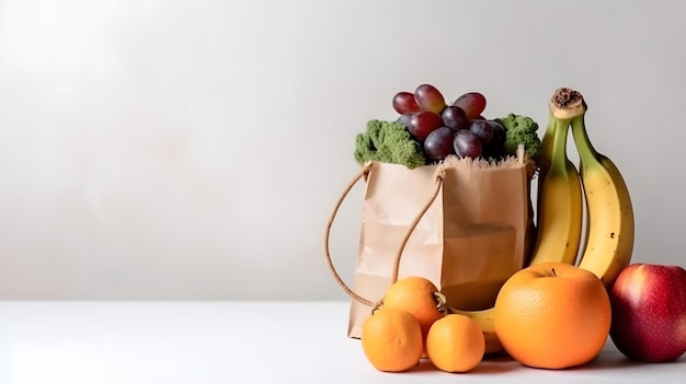 A brown paper bag with a bunch of grapes and oranges on a white table.