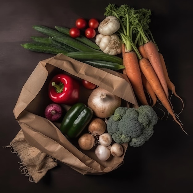 A brown paper bag with a bunch of vegetables on it