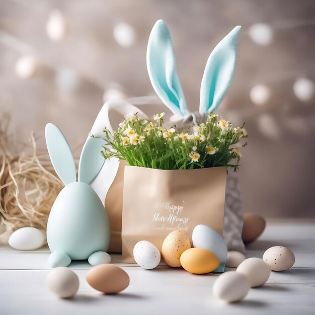 a brown paper bag with eggs and bunny ears on it