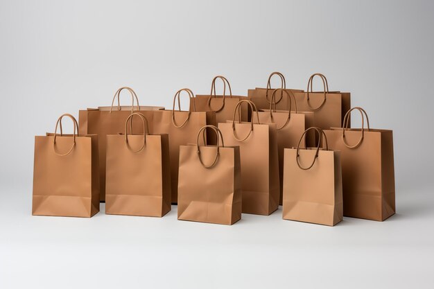 Photo brown paper bags various sizes no logos white background by generative ai