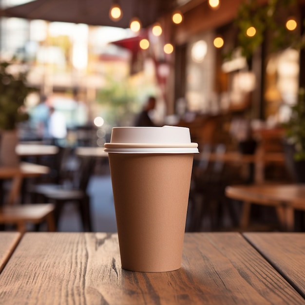 Brown Paper Coffee Cup On a Wooden Table with blur background of cafe hyper realistic