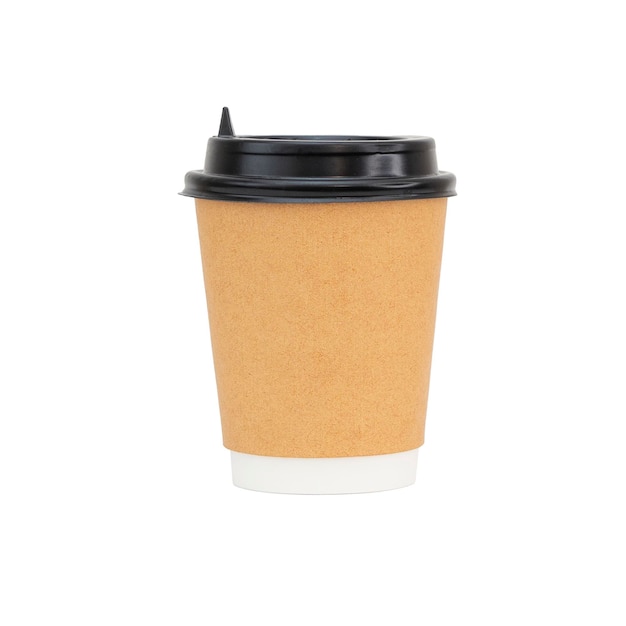 Brown paper cup for take away to go with black cap isolated on white Front view
