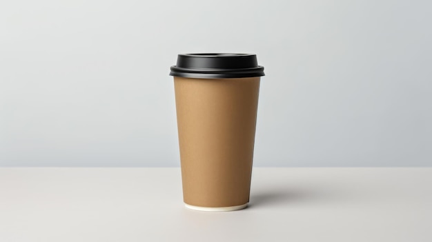 Brown paper cup with a black lid with space for writing on a white background Created with Generative AI technology