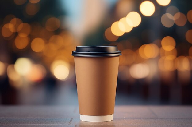 Brown paper cup with black plastic lid on the street with blurred background winter time christmas