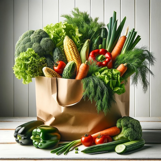 Foto borsa da spesa di carta marrone piena di verdure fresche superficie in legno alimentazione sana acquisti sostenibili