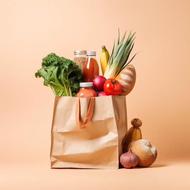 A brown paper grocery bag filled with healthy food