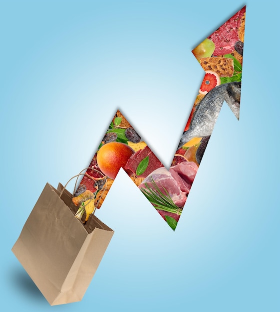 Brown paper kraft bag and levitating vegetables fruits meat and fish in the shape of an upward arrow