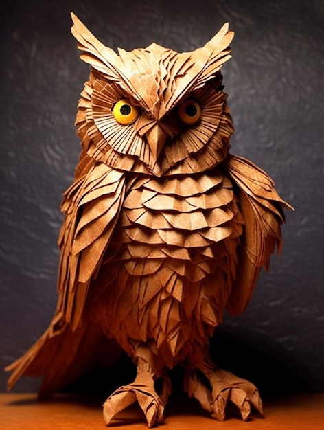 A brown paper owl is made by a man made artist.