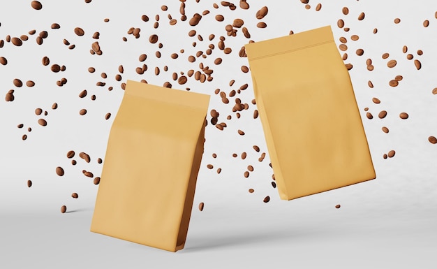 brown paper pouch bags falling coffee beans podium 3d rendering merchandise discount packaging shop design promo sale