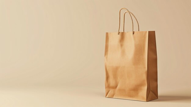 A brown paper shopping bag on a beige background The bag is made of recycled materials and is perfect for carrying your groceries or other purchases