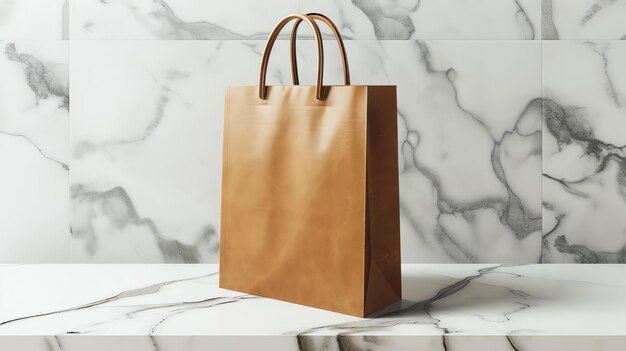 Photo a brown paper shopping bag sits on a marble surface against a marble background the bag has two handles and is empty