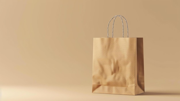 A brown paper shopping bag with a black and white striped handle is sitting on a beige background The bag is slightly wrinkled