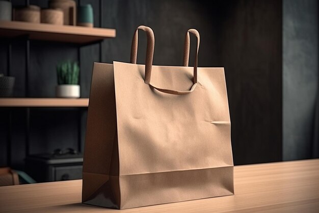 Brown paper shopping bag on wooden table in cafe Mockup for design