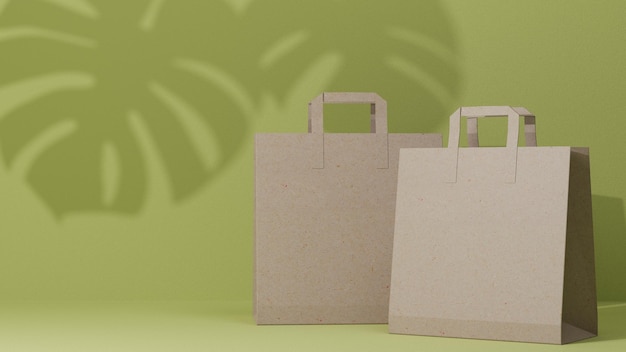 갈색 종이 쇼핑백, 녹색 배경에 나뭇잎 그림자가 있는 패션 쇼핑백. 3d 렌더링, 3d 그림