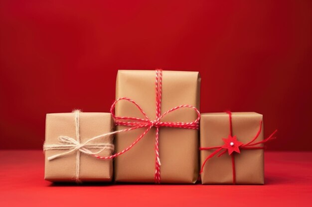 Brown paper wrapped gifts tied with twine on red background