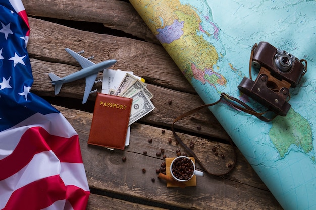 Brown passport and US flag.