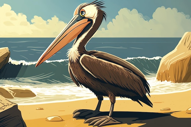 A brown pelican basks in the sun on the shore