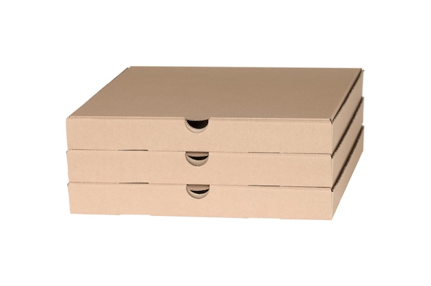 Brown pizza boxes stacked on top of each other side view