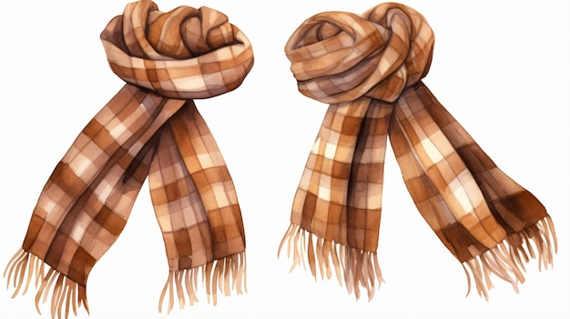 Photo brown plaid scarf watercolor ornament vector illustration