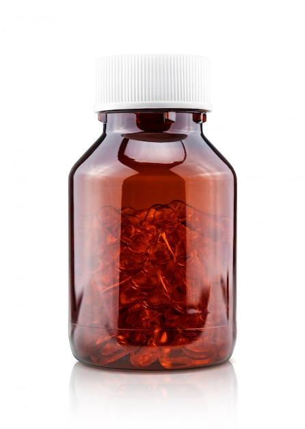 Brown plastic bottle packaging with fish oil capsules