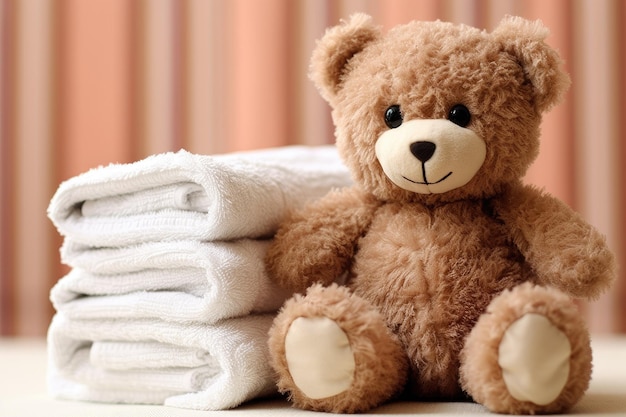 A brown plush bear next to towels