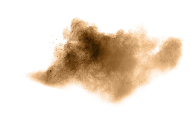 Brown powder dust explosion on white background.