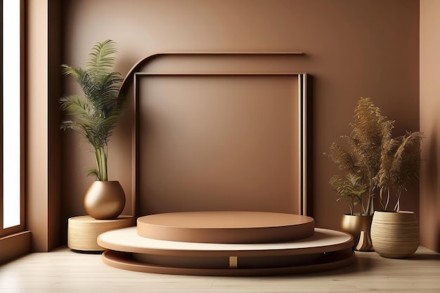 Brown product display podium in minimalist room background