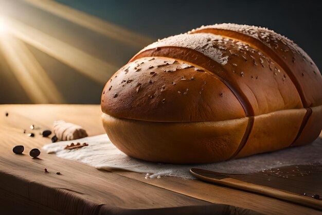 Brown and puffy bread on the table with some sesame and flour on it