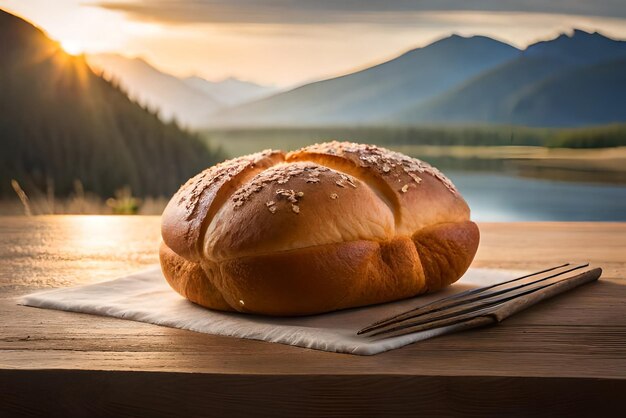 Brown and puffy bread on the table with some sesame and flour on it