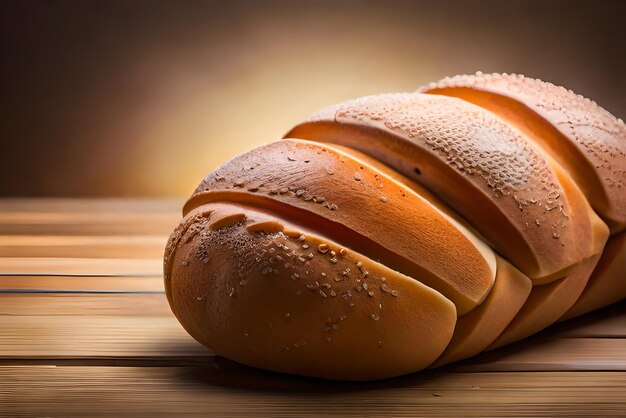 Brown and puffy bread on the table with some sesame and flour on it