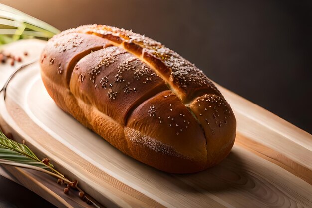 Brown and puffy bread on the table with some sesame and flour on it