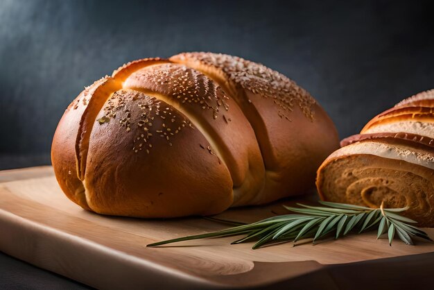 Brown and puffy bread on the table with some sesame and flour on it