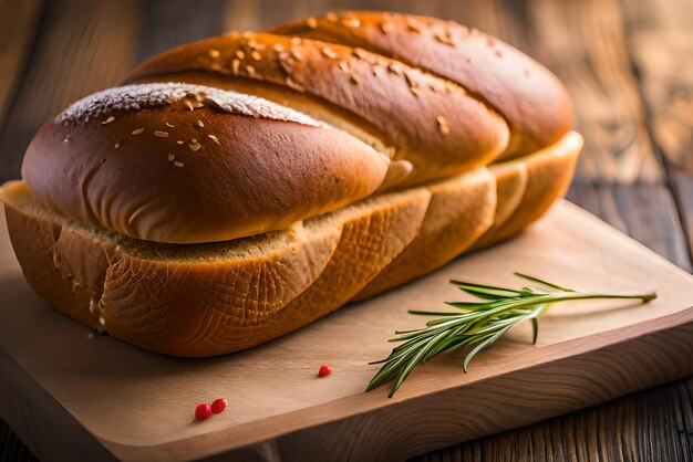 Brown and puffy bread on the table with some sesame and flour on it