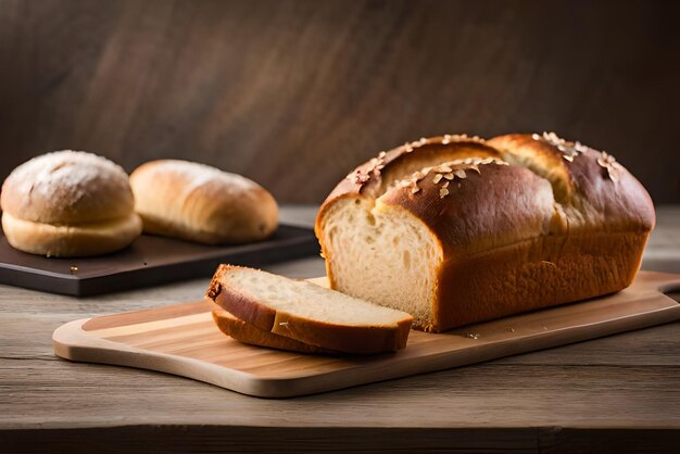 Brown and puffy bread on the table with some sesame and flour on it