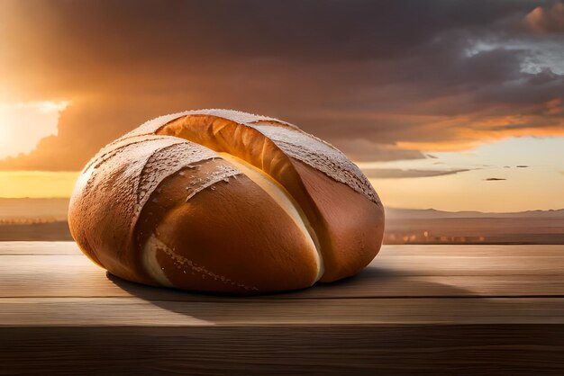 Brown and puffy bread on the table with some sesame and flour on it