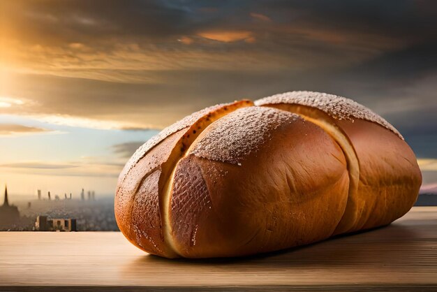 Brown and puffy bread on the table with some sesame and flour on it