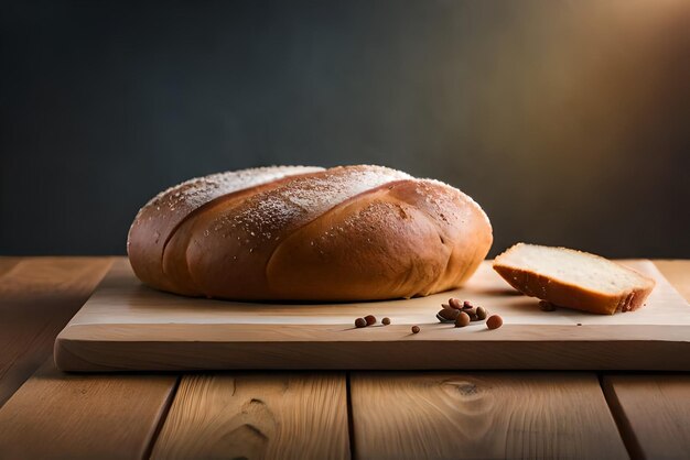 Brown and puffy bread on the table with some sesame and flour on it