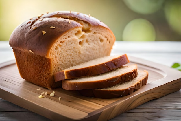 Brown and puffy bread on the table with some sesame and flour on it