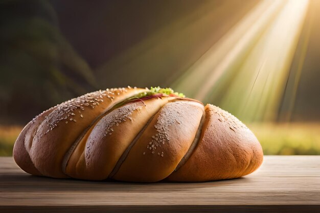 Brown and puffy bread on the table with some sesame and flour on it