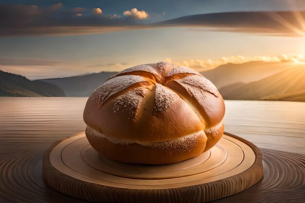 Photo brown and puffy bread on the table with some sesame and flour on it