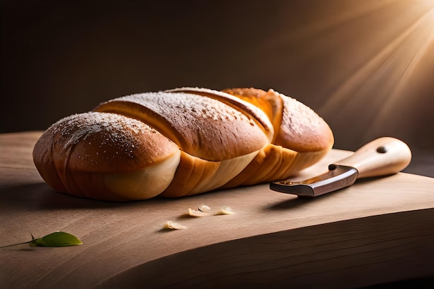 Brown and puffy bread on the table with some sesame and flour on it